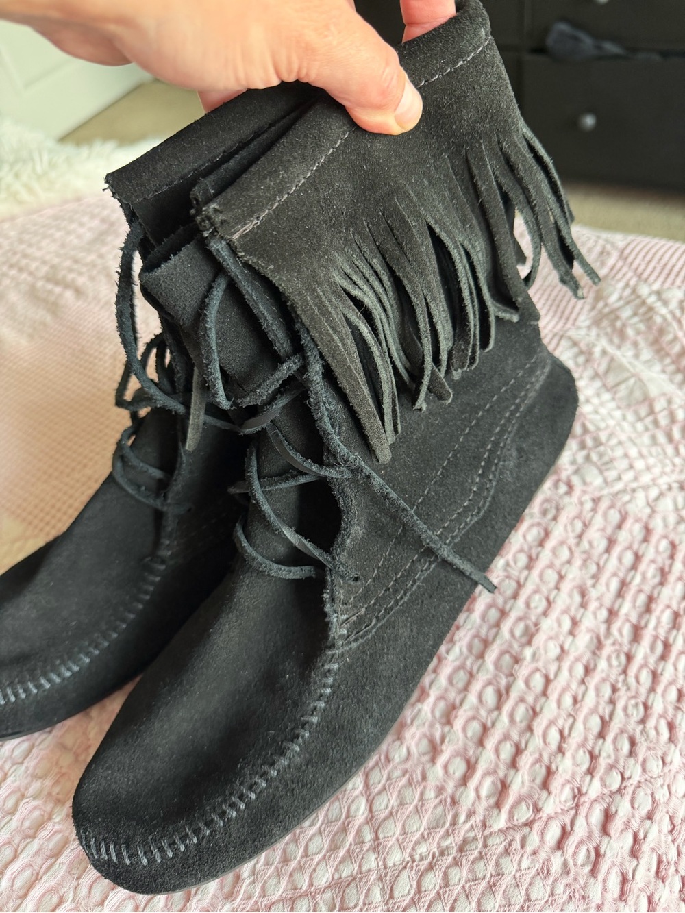 Minnetonka Black Suede Fringe Moccasins